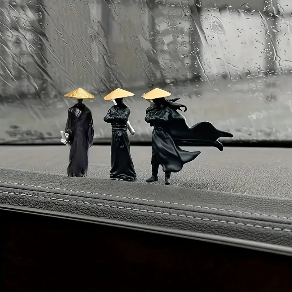 Three mini samurai resin statues for car dashboard